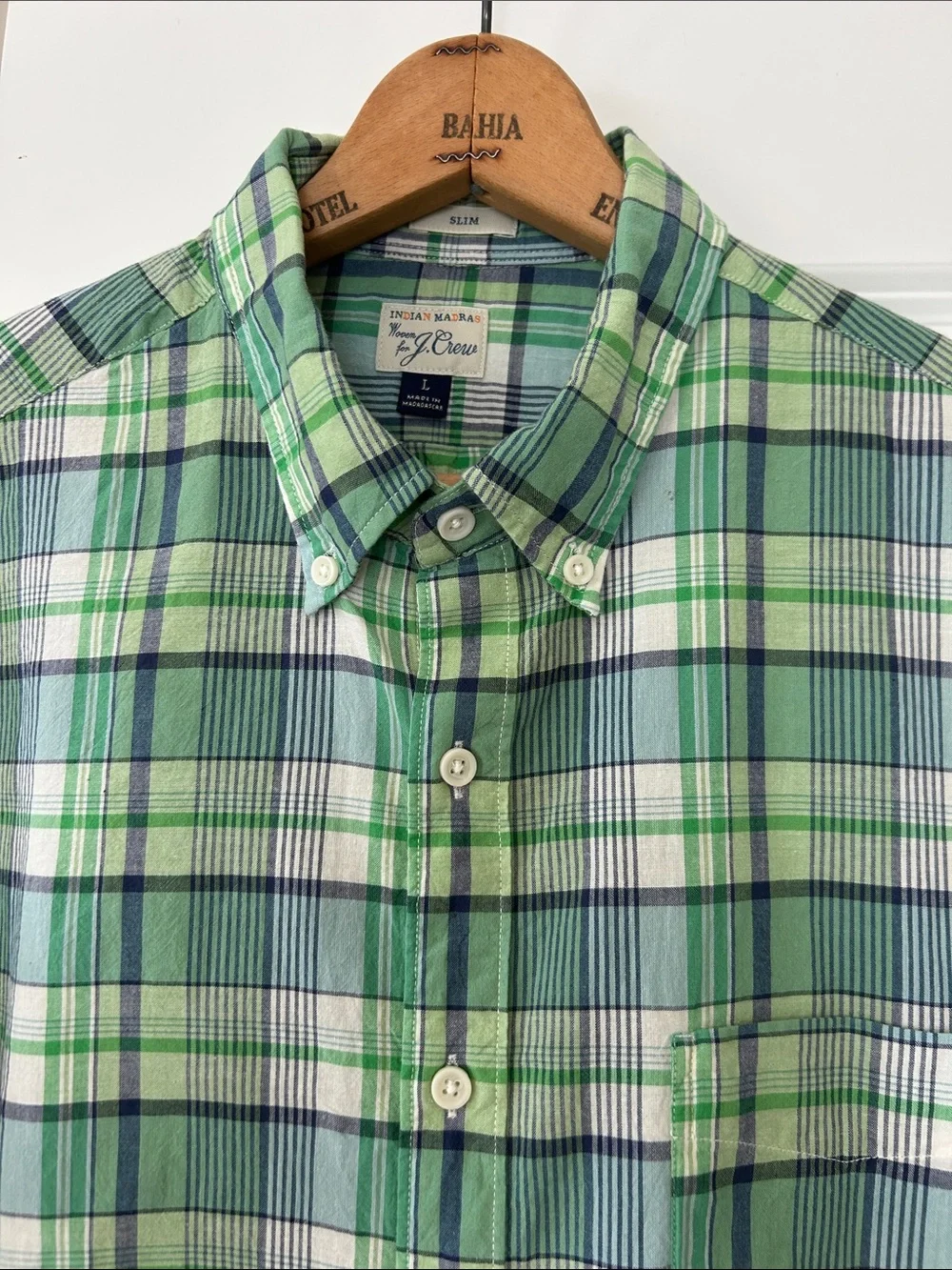 J Crew Indian Madras Shirt Sz L w MEASUREMENTS Kelly Green Plaid, Slim
